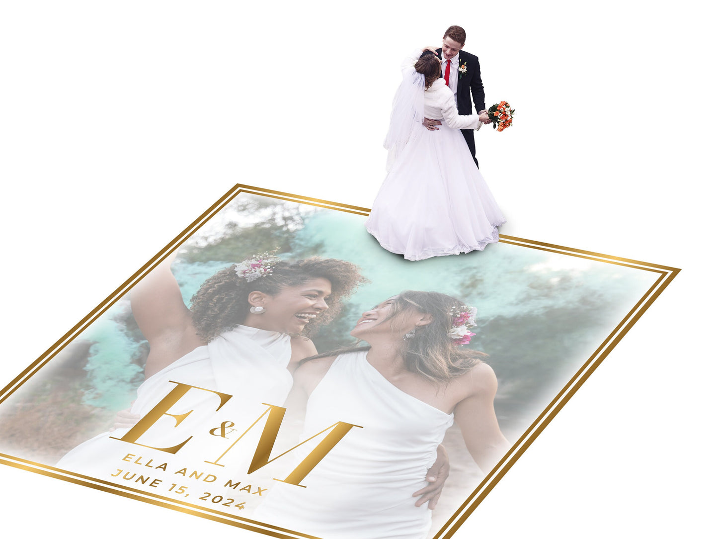 Super Unique Custom Wedding Photo Portrait Dance Floor Wrap Design. Removable Vinyl. Floor Wrap Print to cover the dancefloor. Wedding logo