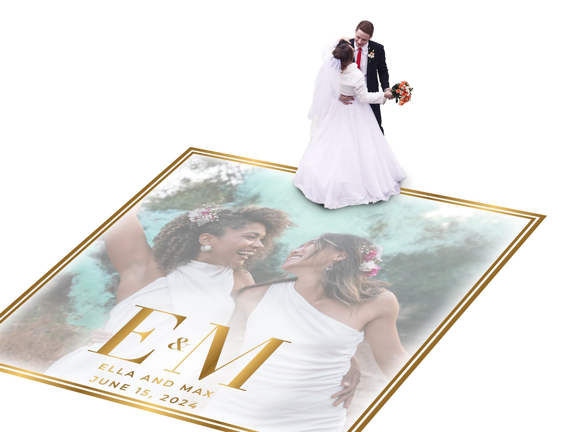 Super Unique Custom Wedding Photo Portrait Dance Floor Wrap Design. Removable Vinyl. Floor Wrap Print to cover the dancefloor. Wedding logo