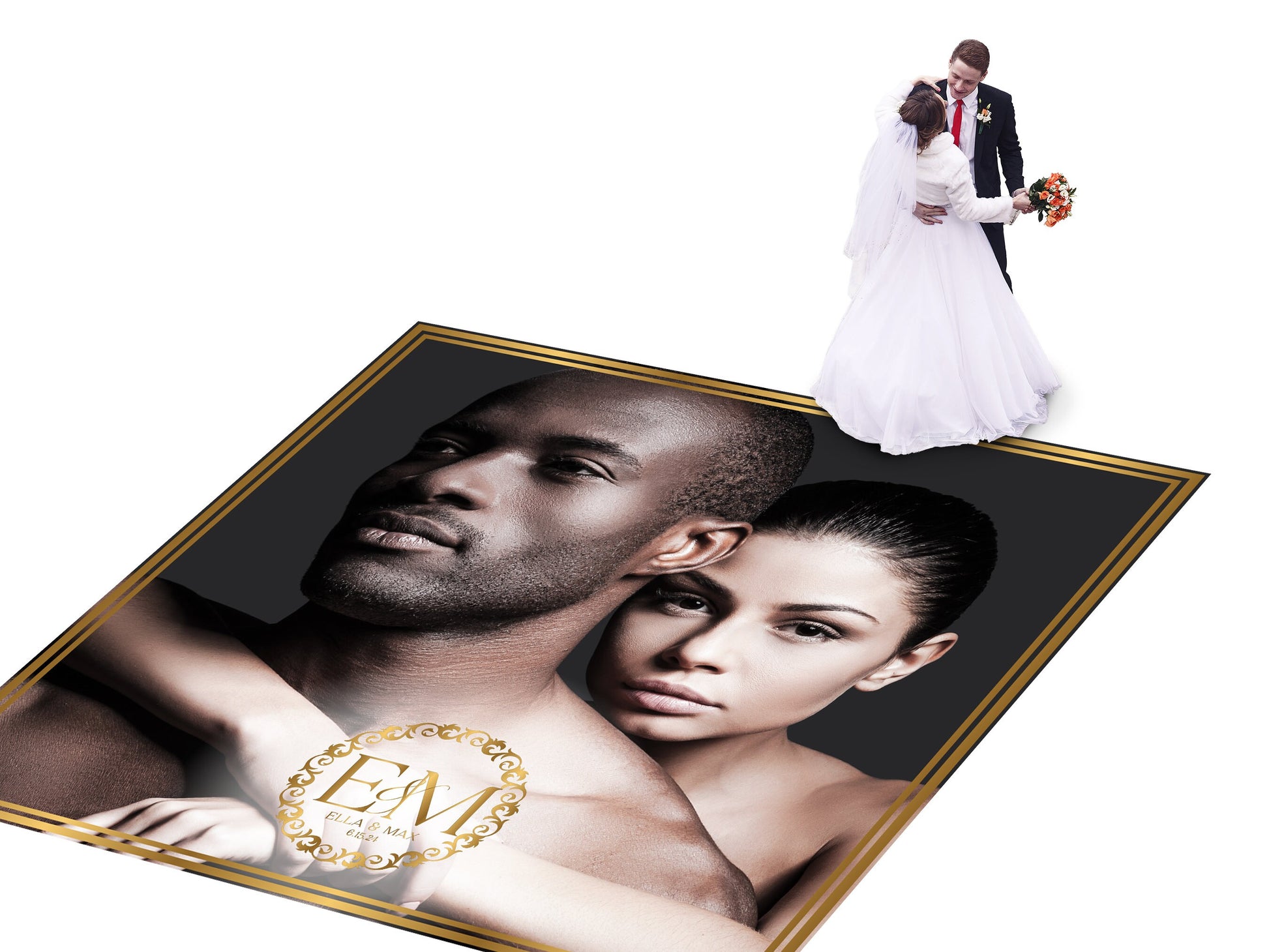 Super Unique Custom Wedding Photo Portrait Dance Floor Wrap Design. Removable Vinyl. Floor Wrap Print to cover the dancefloor. Wedding logo
