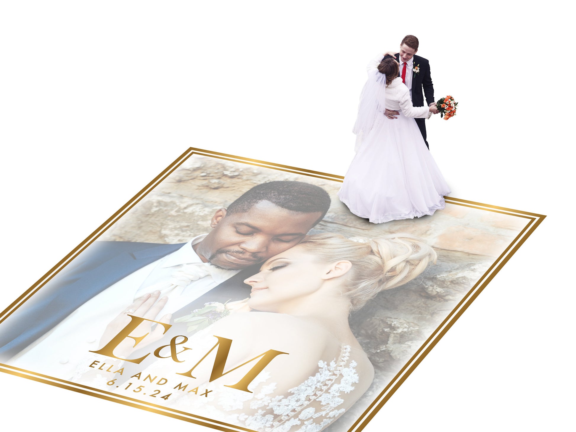 Super Unique Custom Wedding Photo Portrait Dance Floor Wrap Design. Removable Vinyl. Floor Wrap Print to cover the dancefloor. Wedding logo