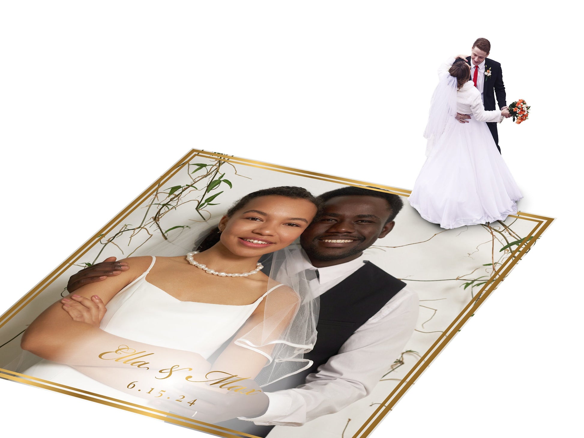 Super Unique Custom Wedding Photo Portrait Dance Floor Wrap Design. Removable Vinyl. Floor Wrap Print to cover the dancefloor. Wedding logo