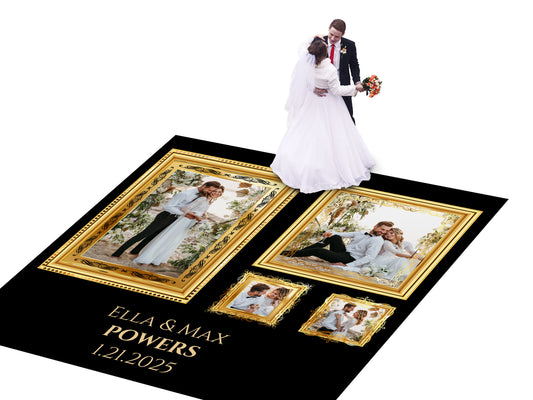 Super Unique Photo Frame Wedding Dance Floor Wrap Gloss Removable Vinyl. Print and Vinyl to cover the entire dancefloor. Wedding logo design